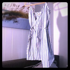 White and baby blue pinstripe wrap dress